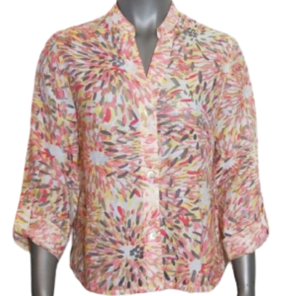 Ruby Rd Semi Sheer Button V Neck Blouse - Picture 1 of 9